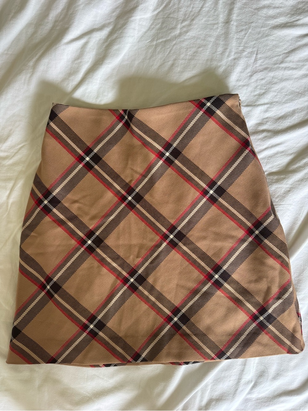 H&M Camel Plaid Mini Skirt with Red & Black Lines